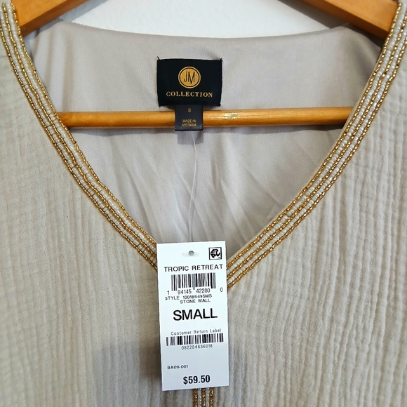 JM Collection Gauze Top Small Poncho Beaded Vacation Summer Boho Chic Tan - Picture 5 of 10